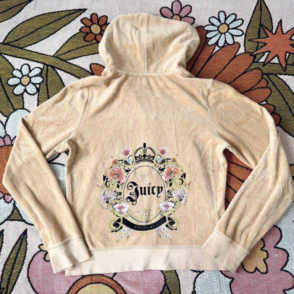 Juicy Couture Cream Velour Hoodie with Embroidered Floral Crest